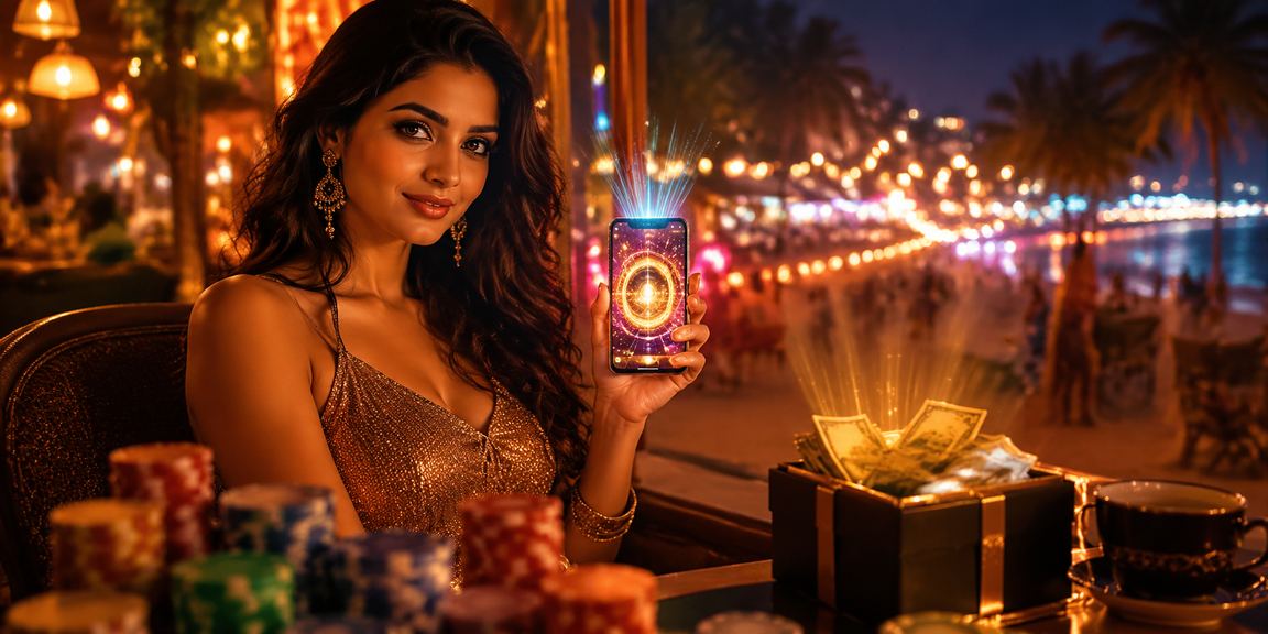 Goa beach with casino app on smartphone